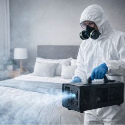človek v zaščitni obleki ki s črnim ozonatorjem ozonira spalnico v ozadju bela postelja
